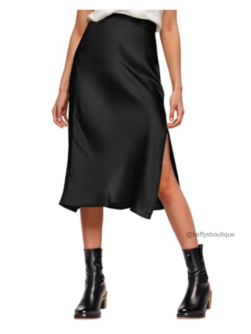 High Waist Satin Silk Midi Skirt with Side Split Elastic Waistband
